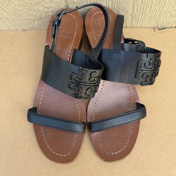 Tory Burch Lowell 2 Block Heel Sandals Shoes Women’s Size 7 Black Logo Leather - Picture 5 of 11